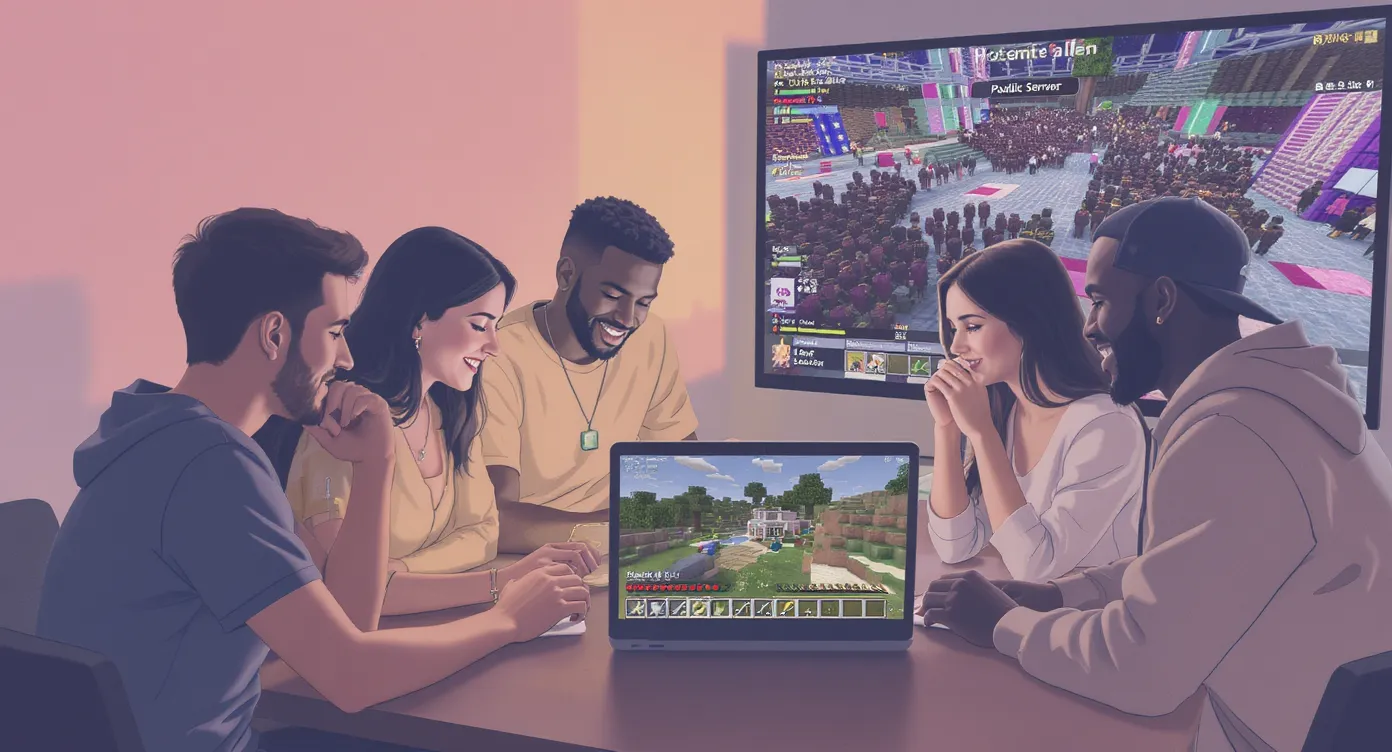 Un groupe de quatre amis assis autour d’un ordinateur portable jouant ensemble sur un monde Minecraft Realms privé ; à l’arrière-plan, un second écran montre un serveur public français bondé avec un lobby coloré et des dizaines de joueurs.