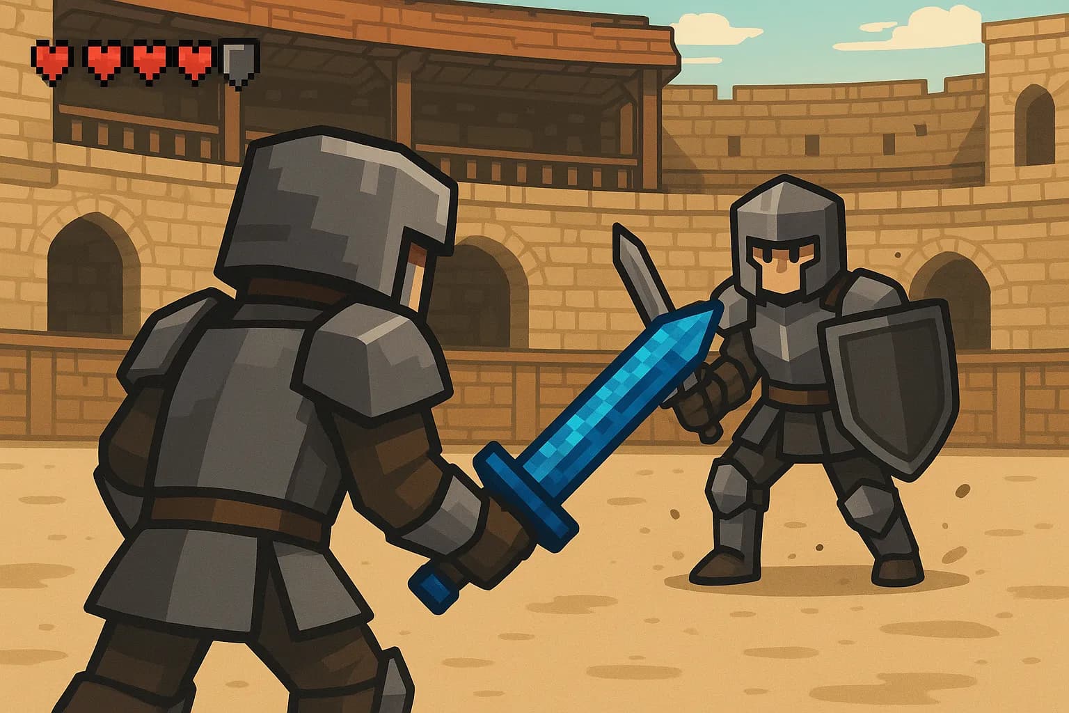 Vue rapprochée d’un duel dans une arène médiévale, le joueur de premier plan maniant une épée courte texturée en bleu vif grâce au pack Azurine 16x. Particules minimales, arrière-plan net et interface cœur/bouclier simplifiée.