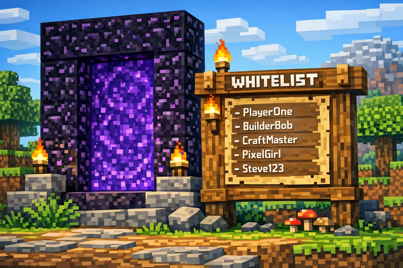 Un portail stylisé dans l’univers Minecraft avec un panneau “Whitelist” et une liste de noms, symbolisant un serveur privé accessible uniquement aux joueurs autorisés.