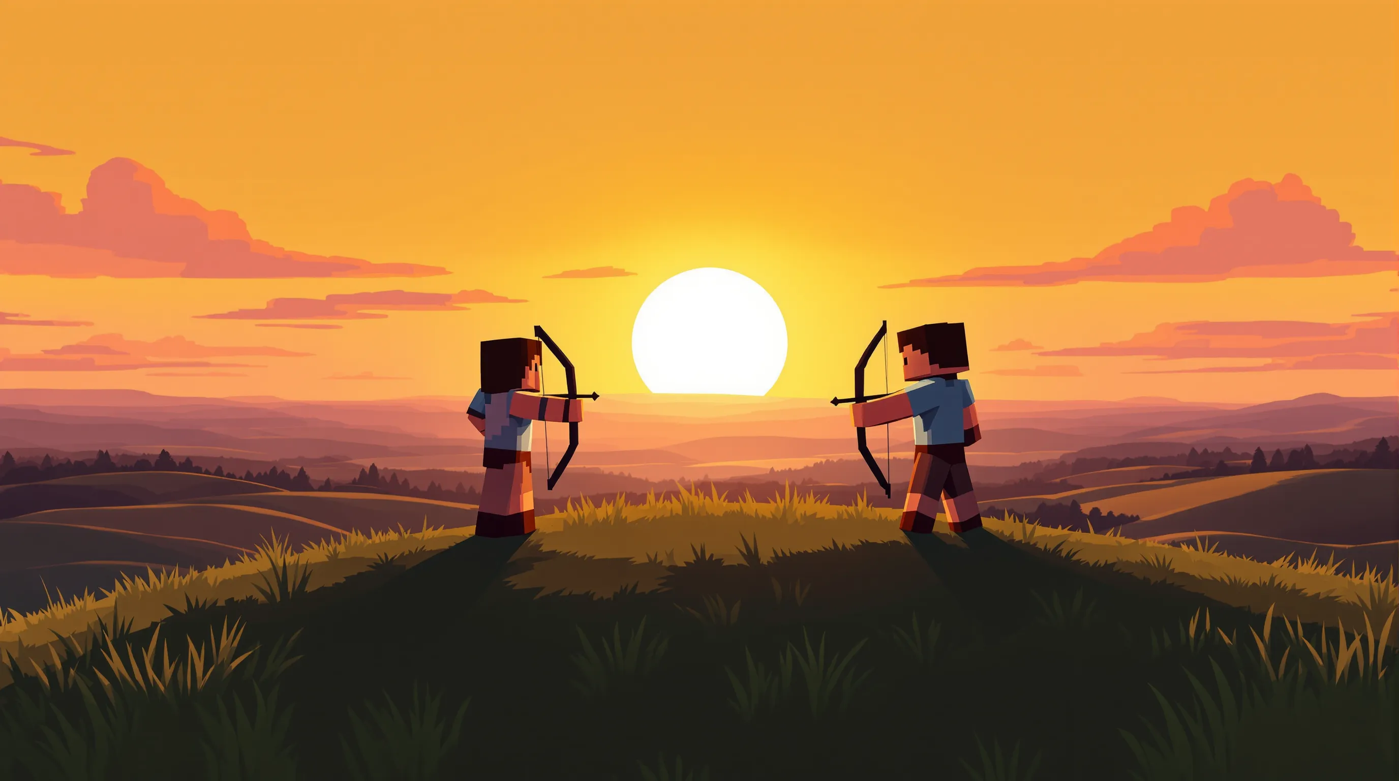 Deux joueurs Minecraft s’affrontent à l’arc sur une colline au crépuscule sous la bordure mondiale. La scène montre un paysage vallonné et un ciel orangé, soulignant la tension du meetup UHC.