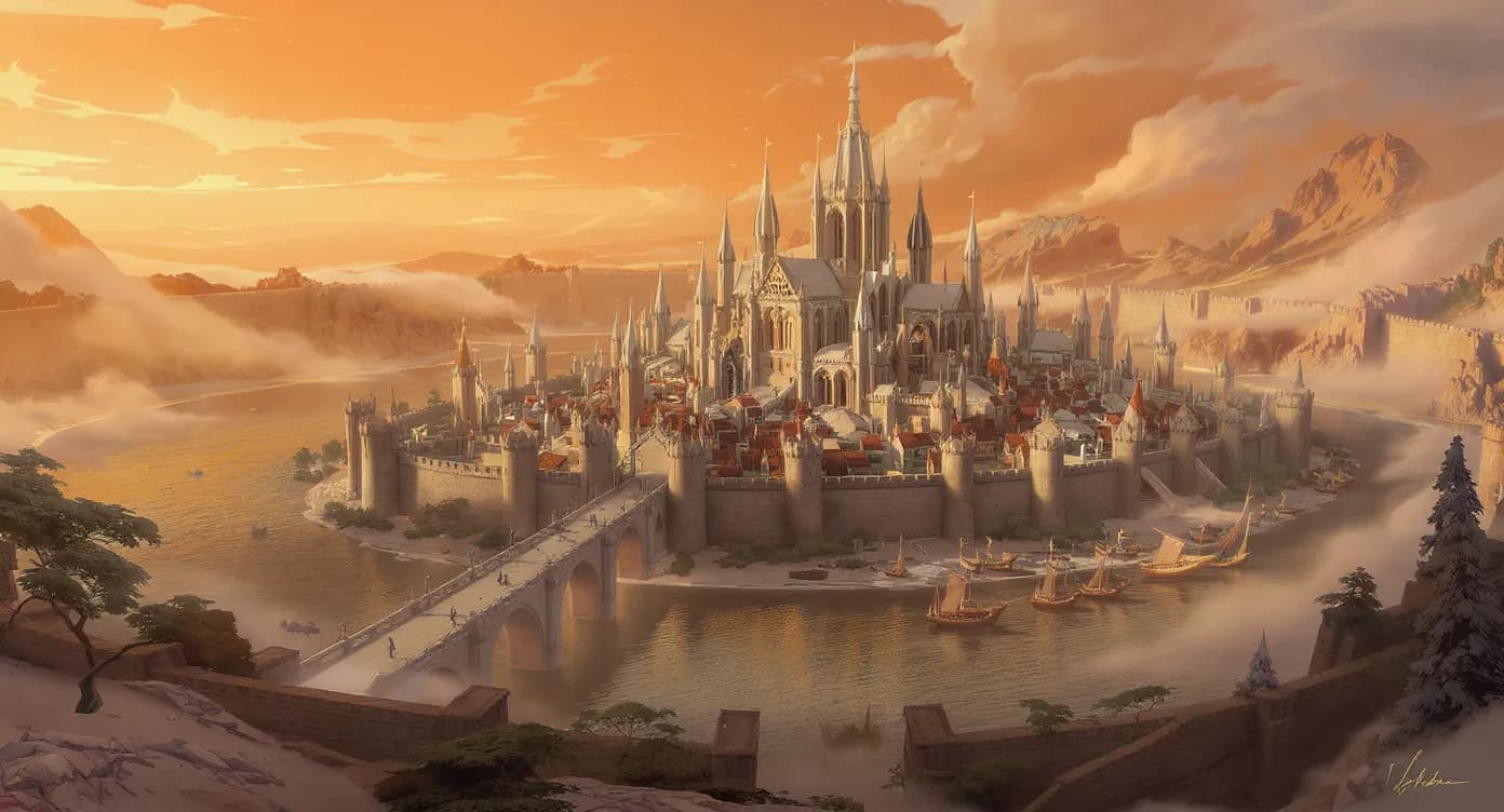 Panorama d’une métropole médiévale-fantasy construite sur un serveur créatif : murailles, cathédrale, pont en pierre et bateaux à quai sous un ciel orange.