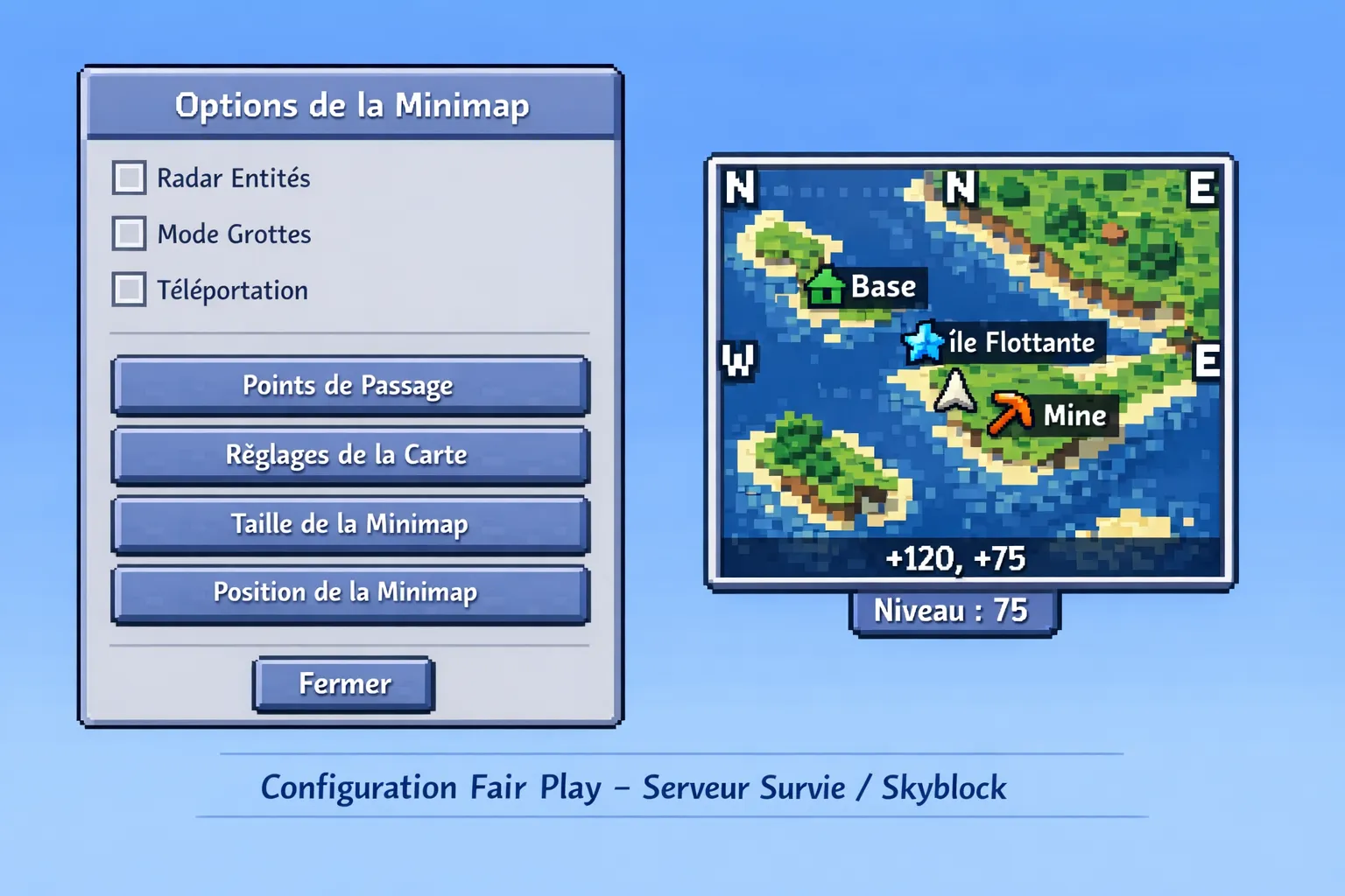 Interface des options d’une minimap ouverte dans Minecraft 1.21, cases décochées pour Radar entités, Mode grottes et Téléportation, avec des waypoints manuels visibles en surface. L’image illustre une configuration fair play adaptée aux serveurs Surv...