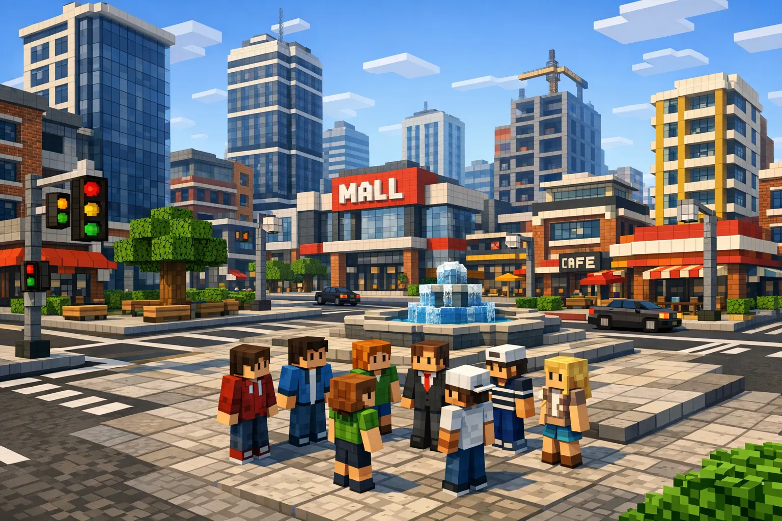 Une grande ville moderne construite dans Minecraft, avec routes, feux tricolores, immeubles, quartier commercial et joueurs en tenue civile rassemblés près d’une place centrale, ambiance roleplay urbaine.