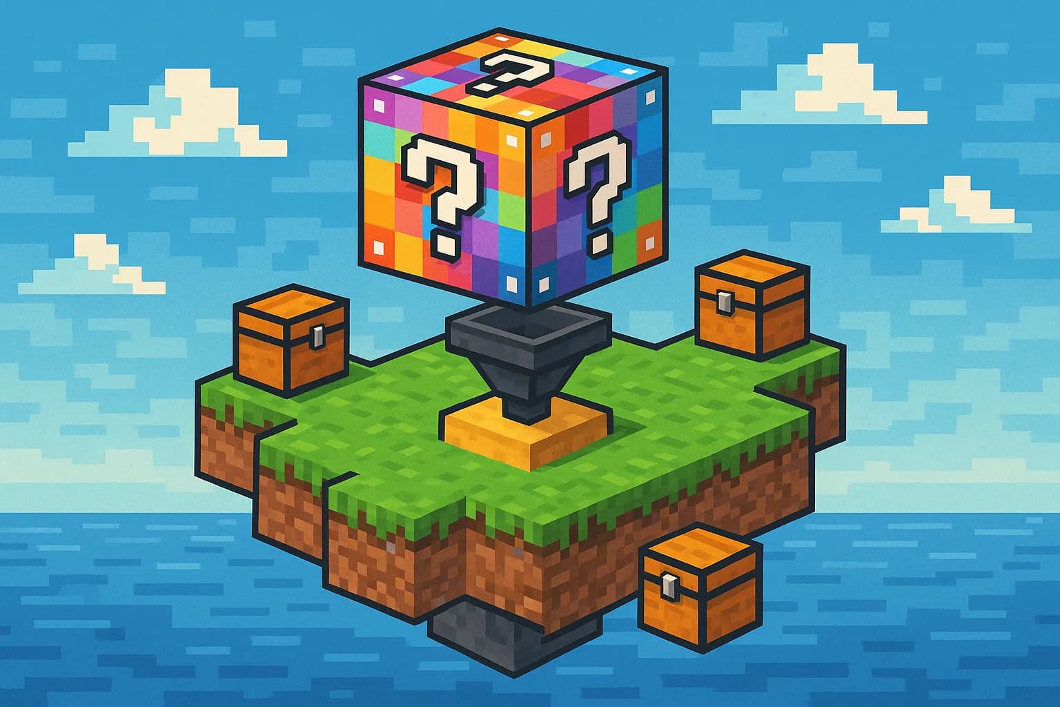 Capture stylisée d’une île Lucky Block multicolore flottant au-dessus d’un océan, sous un ciel bleu pixelisé. Des coffres et des entonnoirs laissent deviner un mini-jeu imprévisible et amusant.