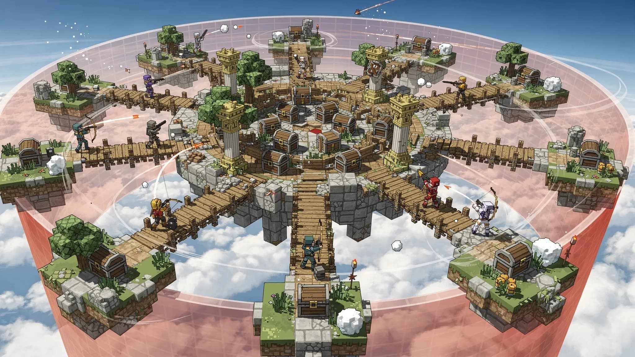 Vue aérienne d’une arène SkyWars avec des îles flottantes en anneau, un mid riche en coffres et des ponts en construction entre les îlots. Des joueurs s’affrontent à l’arc et à la boule de neige, tandis que la bordure se referme lentement. Ambiance c...