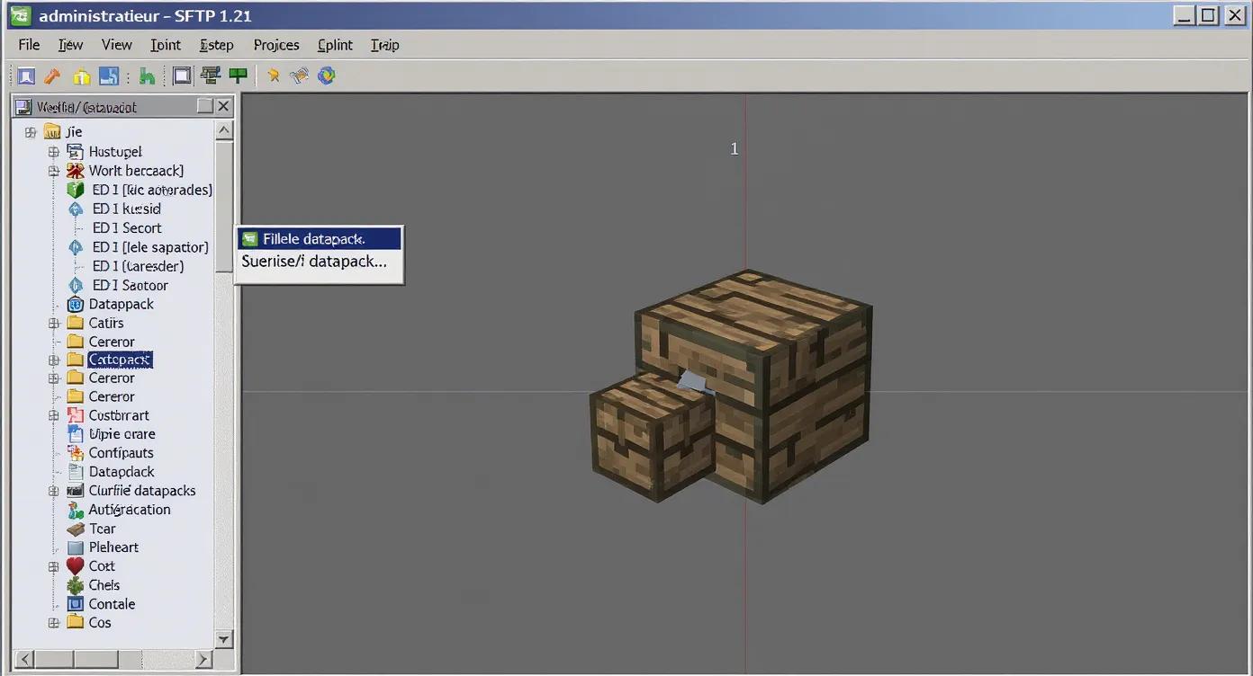 Un administrateur connecte en SFTP, glisse un fichier datapack.zip dans le dossier world/datapacks d’un serveur Minecraft 1.21 affiché dans un panneau latéral.