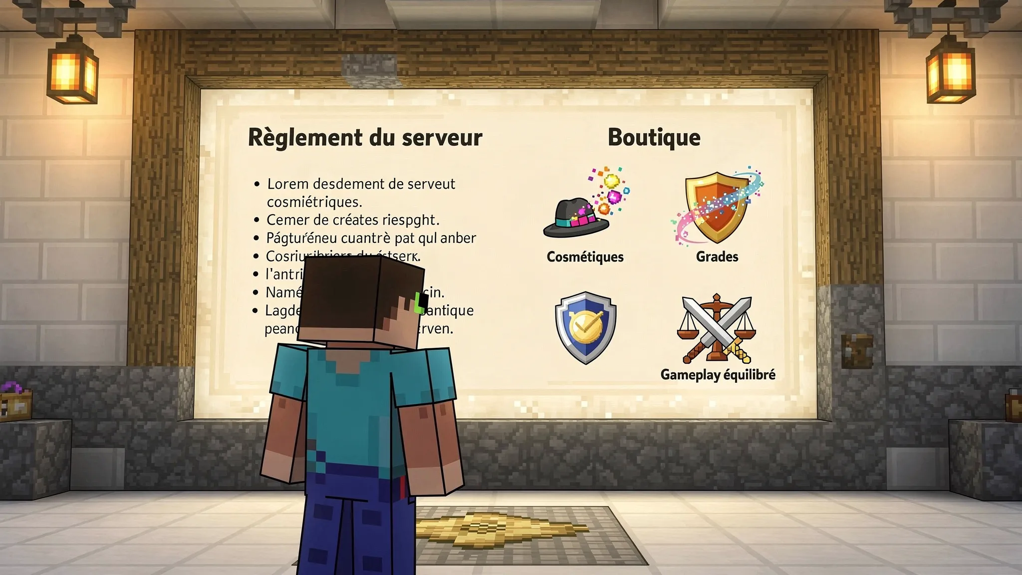 Un joueur Minecraft lit le règlement d’un serveur et la page boutique sur un panneau d’informations, avec des icônes représentant cosmétiques, grades et équilibre du gameplay.