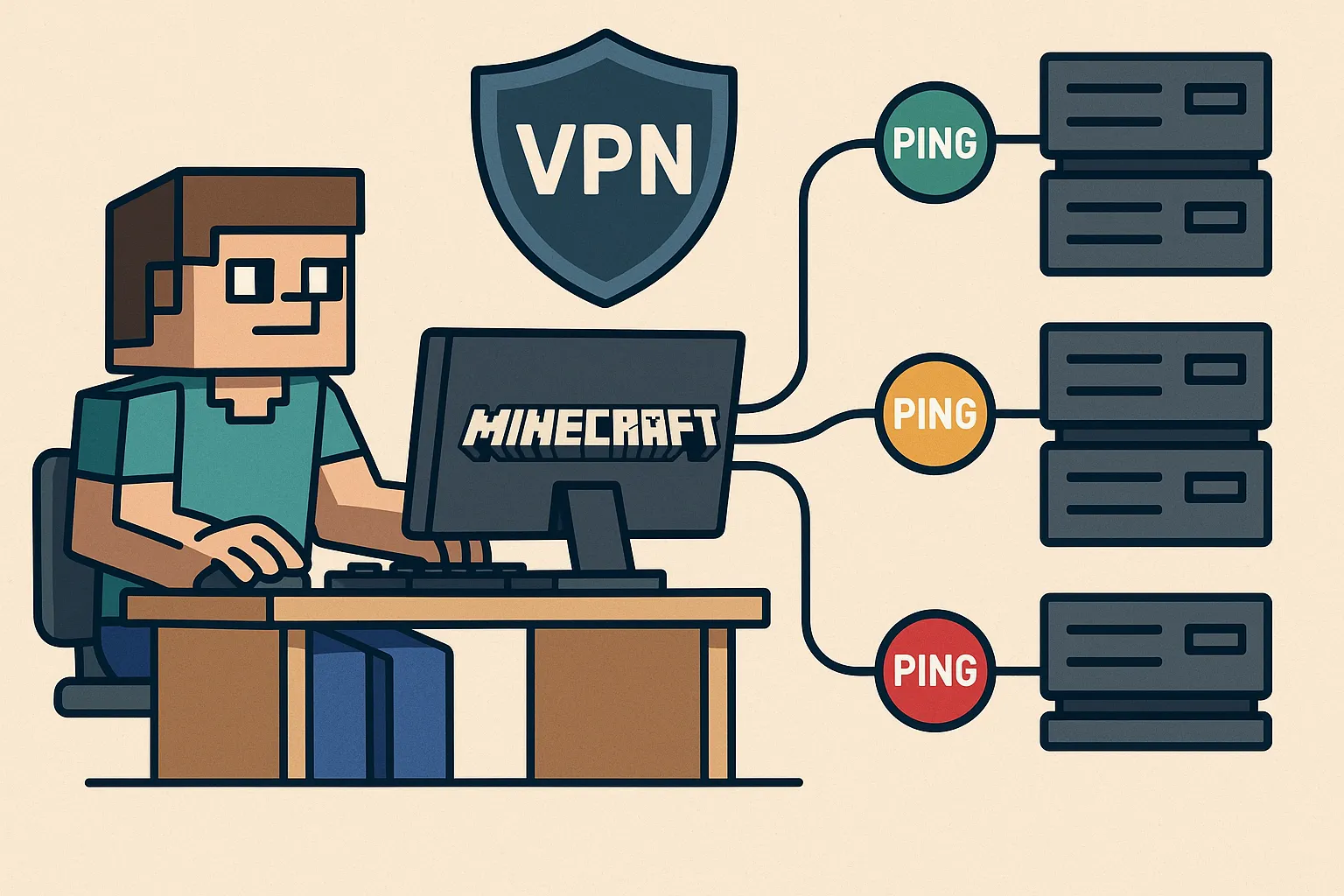Illustration montrant un joueur Minecraft se connectant via un VPN à différents serveurs, avec des indicateurs de ping variant du vert au rouge le long du routage.