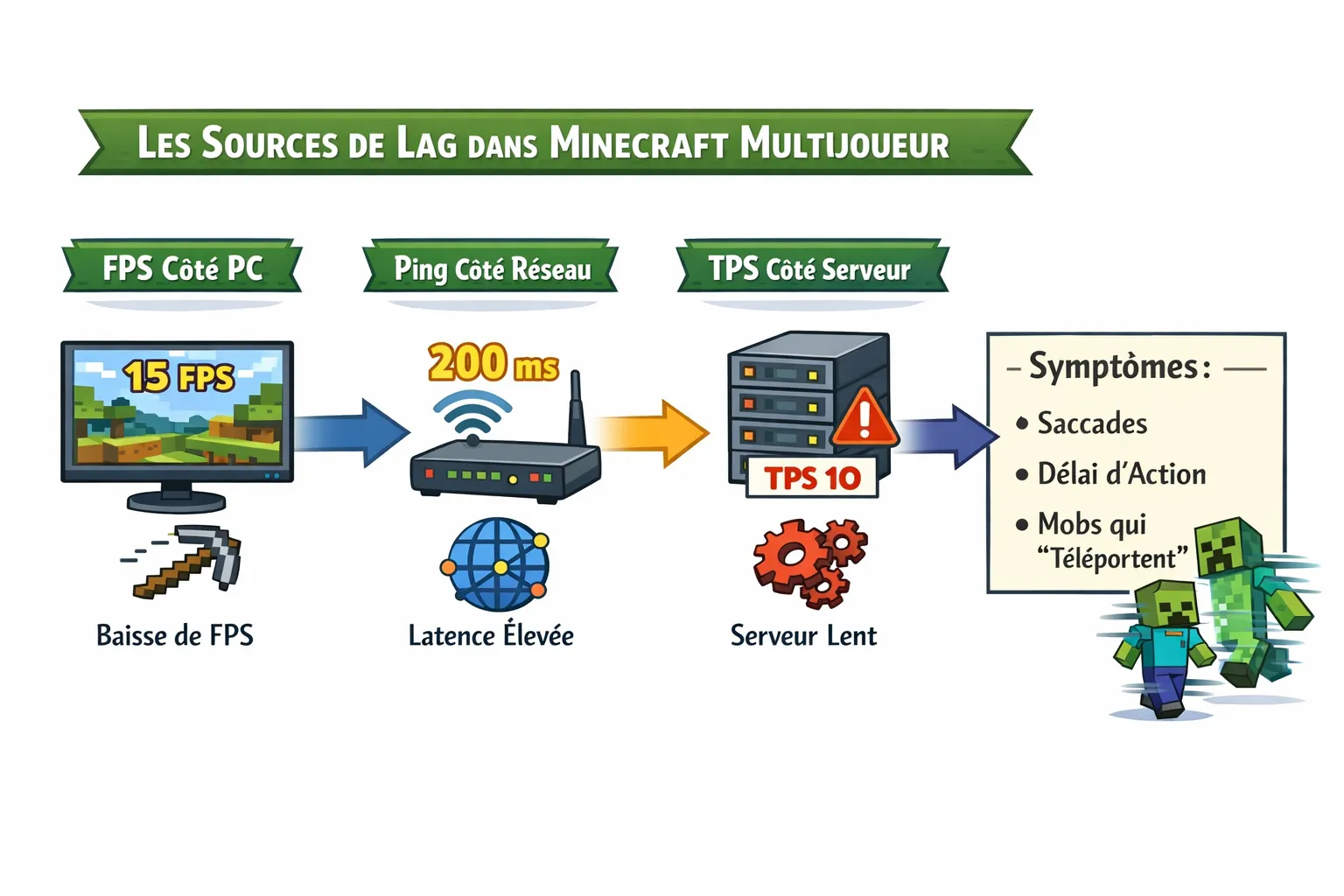 Schéma simple montrant les 3 sources de lag dans Minecraft multijoueur: FPS côté PC, ping côté réseau, et TPS côté serveur, avec une flèche vers les symptômes (saccades, délai d’action, mobs qui “téléportent”).