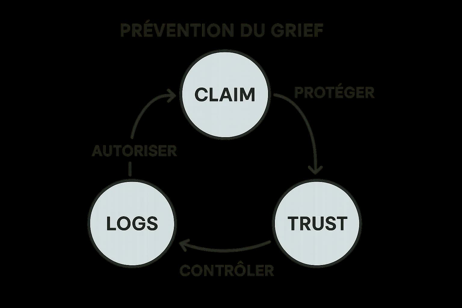Diagramme simple montrant trois cercles : Claim, Trust, Logs, avec des flèches illustrant le flux « Protéger – Autoriser – Contrôler » dans la prévention du grief.