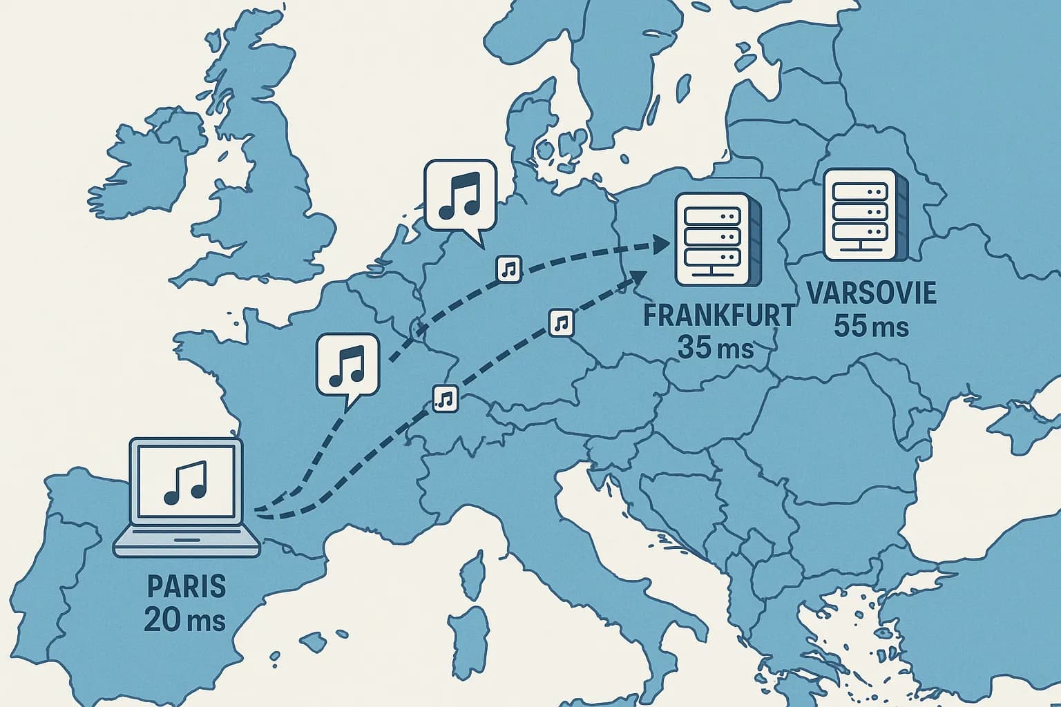 Carte stylisée de l’Europe montrant des icônes de notes de musique (paquets) se dirigeant d’un ordinateur en France vers trois datacenters : Paris 20 ms, Francfort 35 ms, Varsovie 55 ms.