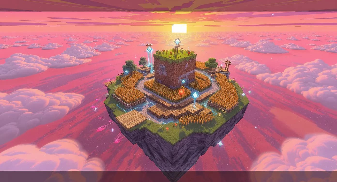 Vue aérienne d’une minuscule île OneBlock composée d’un seul bloc au centre, entourée de plateformes en bois et de cultures de blé, deux joueurs équipés d’armures en diamant construisent une ferme à mobs dans le ciel rose d’un coucher de soleil.