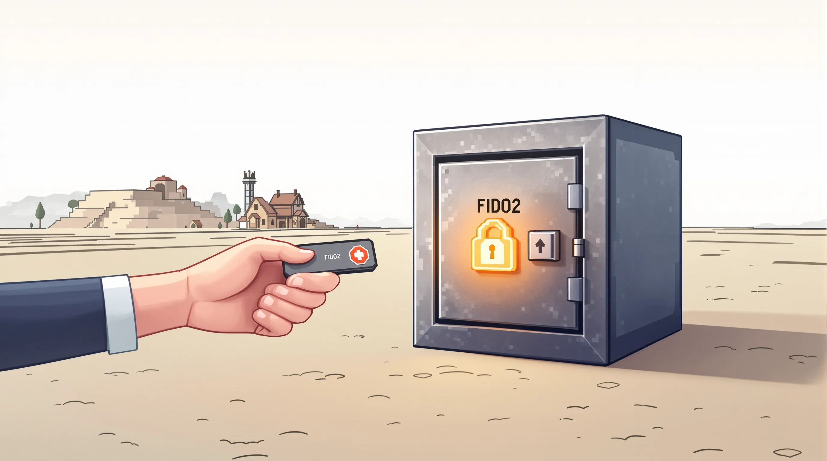 Vue isométrique d’un coffre-fort numérique stylisé en forme de bloc Minecraft, posé dans un décor de plaine avec un village au loin; une main de joueur tient une clé USB FIDO2 lumineuse devant la porte du coffre pour illustrer la double authentificat...