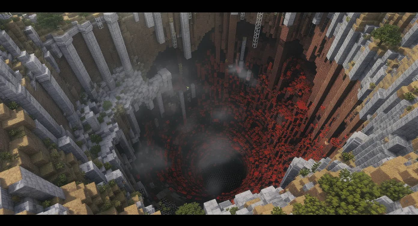 Vue aérienne d’un immense serveur Anarchie montrant un spawn en ruine, des colonnes d’obsidienne et une carte du nether révélant un réseau de tunnels massifs.