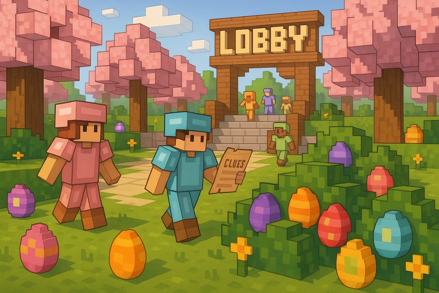 Un lobby printanier de serveur Minecraft, parsemé d’arbres en fleurs et d’œufs colorés cachés dans des buissons, où des joueurs équipés d’armures en cuir pastel partent à la recherche d’indices pour gagner des clés spéciales.