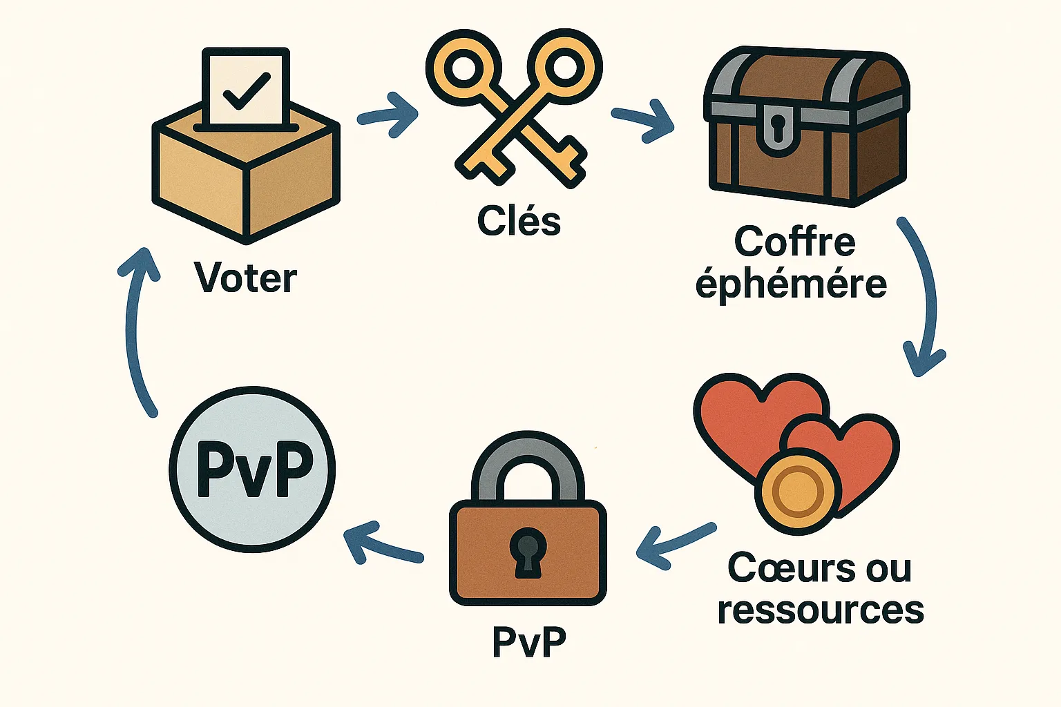Diagramme simple illustrant le cycle : Voter ➜ Clés ➜ Coffre éphémère ➜ Cœurs ou ressources ➜ PvP ➜ Voter