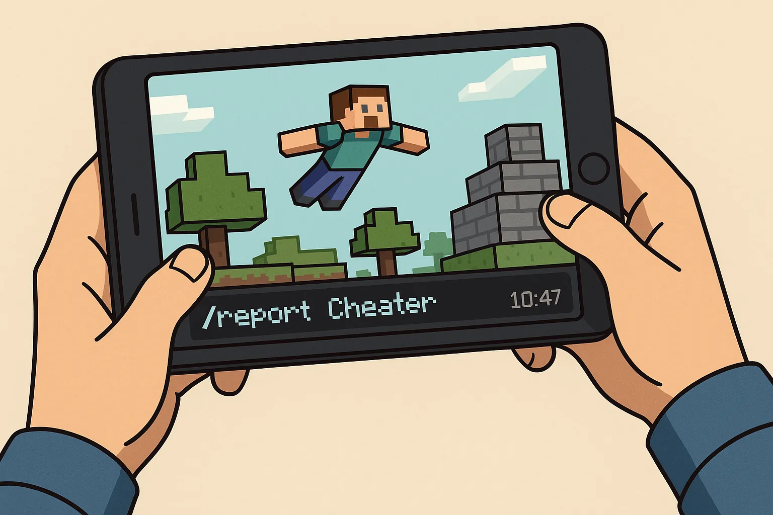 Un joueur prend une capture d’écran dans Minecraft montrant un cheater en plein vol, avec l’interface de chat affichant la commande /report et l’horodatage.