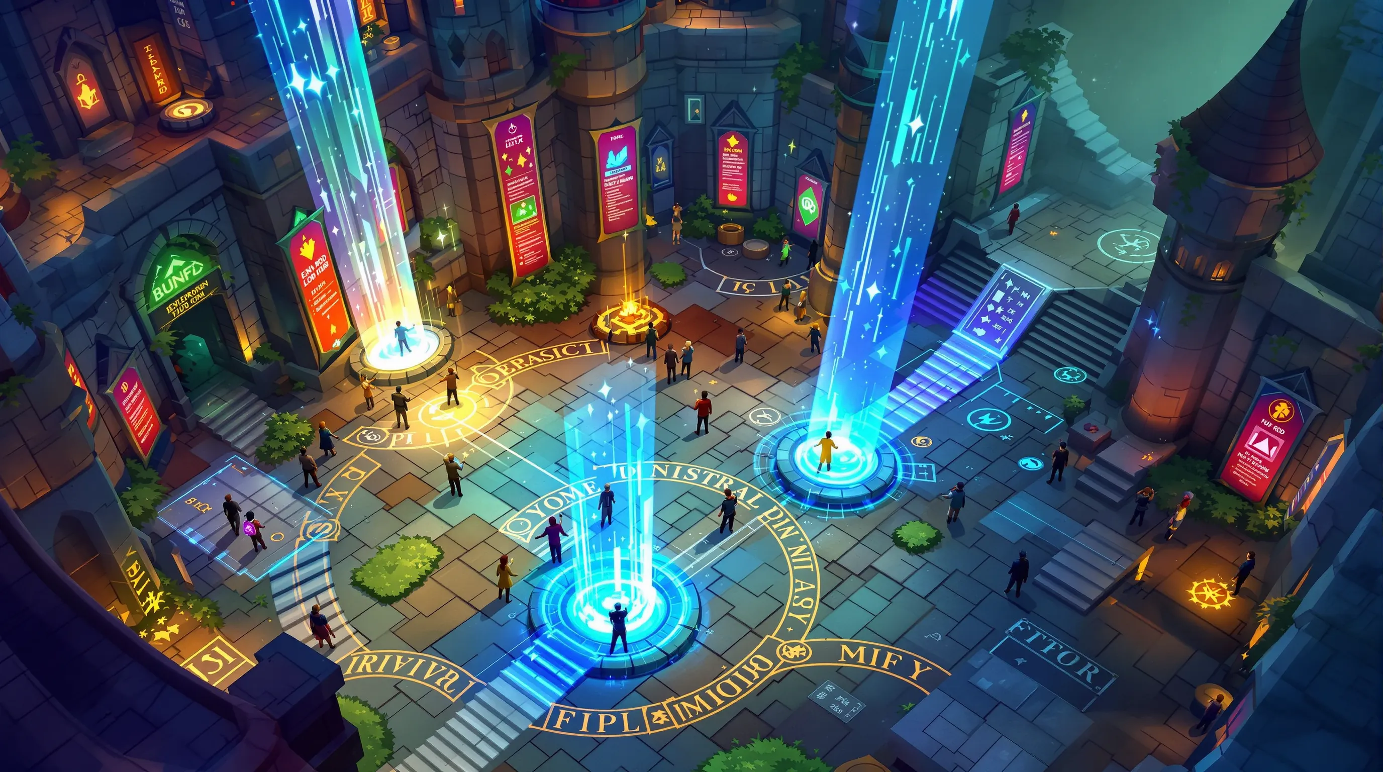 Vue plongeante d’un spawn médiéval animé par des particules end_rod, des panneaux d’information colorés et plusieurs joueurs découvrant les portails de téléportation.