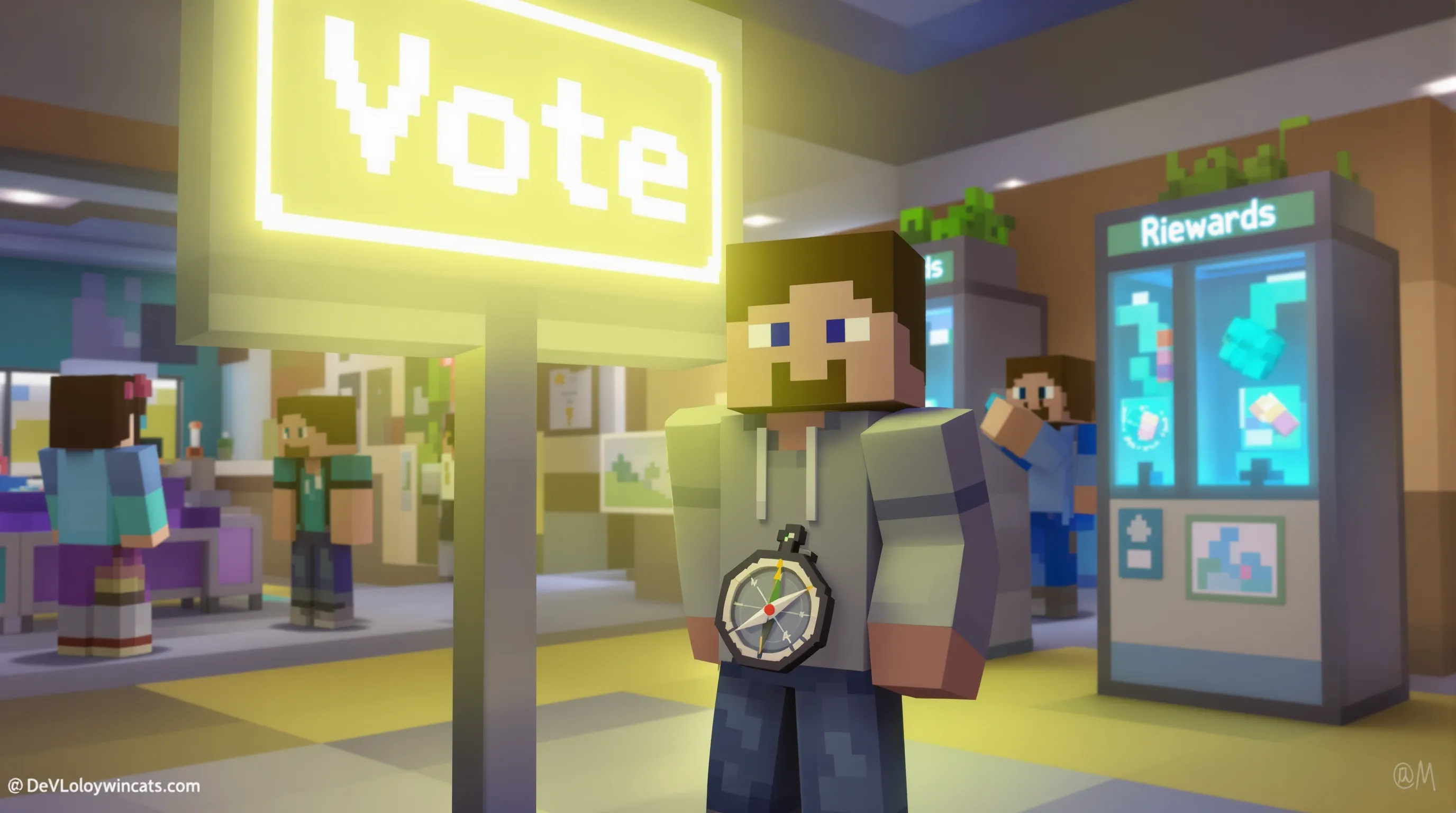 Un joueur Minecraft tenant une boussole, debout devant un panneau "Vote" lumineux dans un lobby animé. À l'arrière-plan, d'autres joueurs interagissent près de PNJ distributeurs de récompenses.