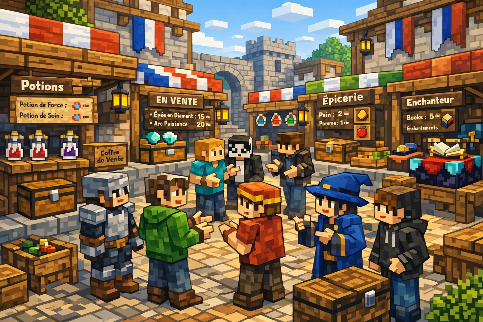 Illustration d’un marché Minecraft animé sur un serveur francophone, avec plusieurs stands de shops joueurs, panneaux de prix, coffre de vente et des joueurs qui négocient dans une place centrale.