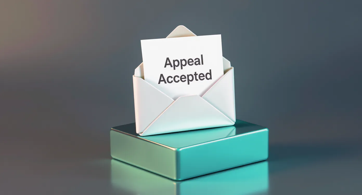 Icône stylisée d’un mail ouvert avec à l’intérieur un parchemin portant l’inscription "Appeal Accepted", posé sur un bloc d’émeraude brillant.
