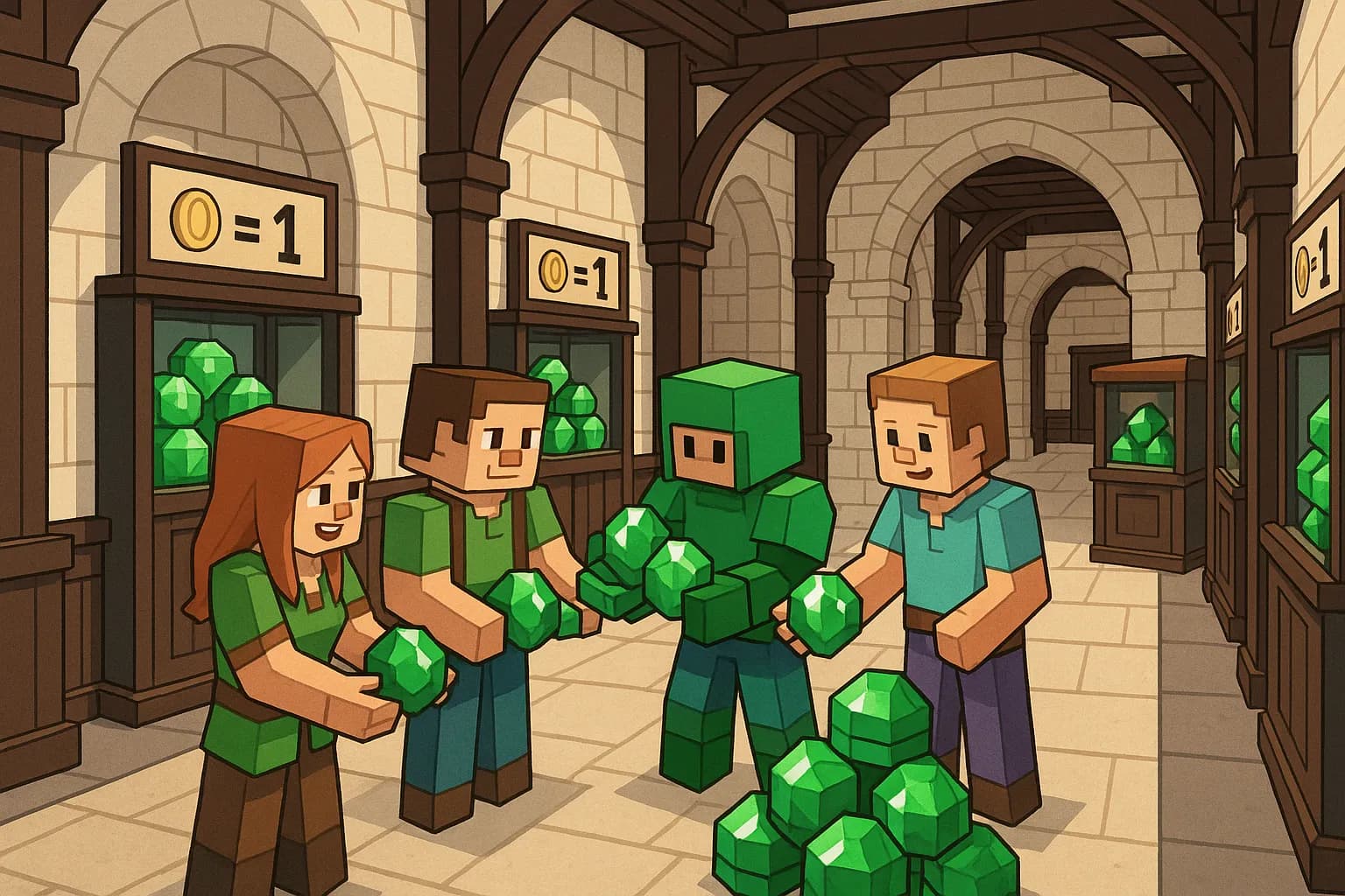 Un groupe de quatre joueurs échange des stacks d’émeraudes dans un hall médiéval en quartz et bois sombre ; des stands de vente automatiques s’alignent sur les côtés, affichant le prix en pièces d’or