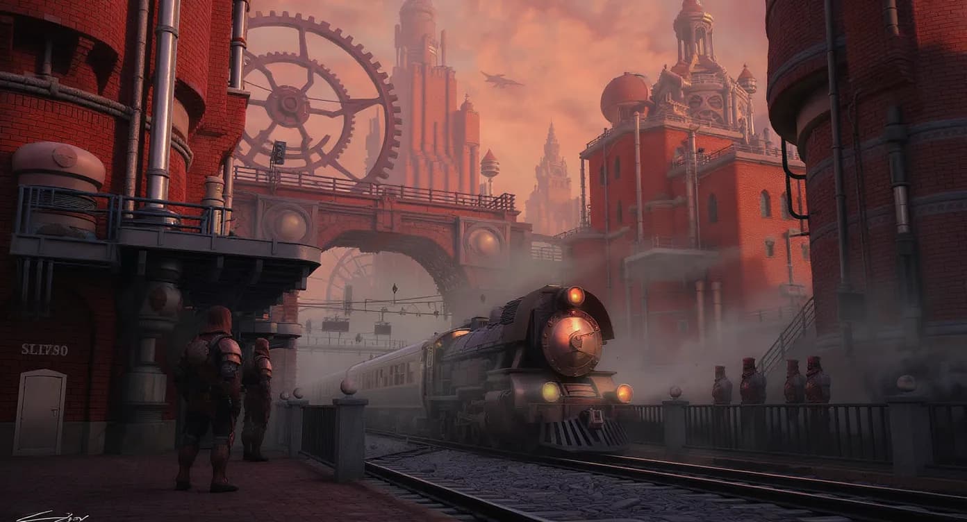 Vue panoramique d’une ville steampunk construite en briques rouges, sillonnée par un train Create entrant dans une gare, avec des engrenages géants en arrière-plan et des joueurs en armure de cuivre observant la scène au crépuscule.