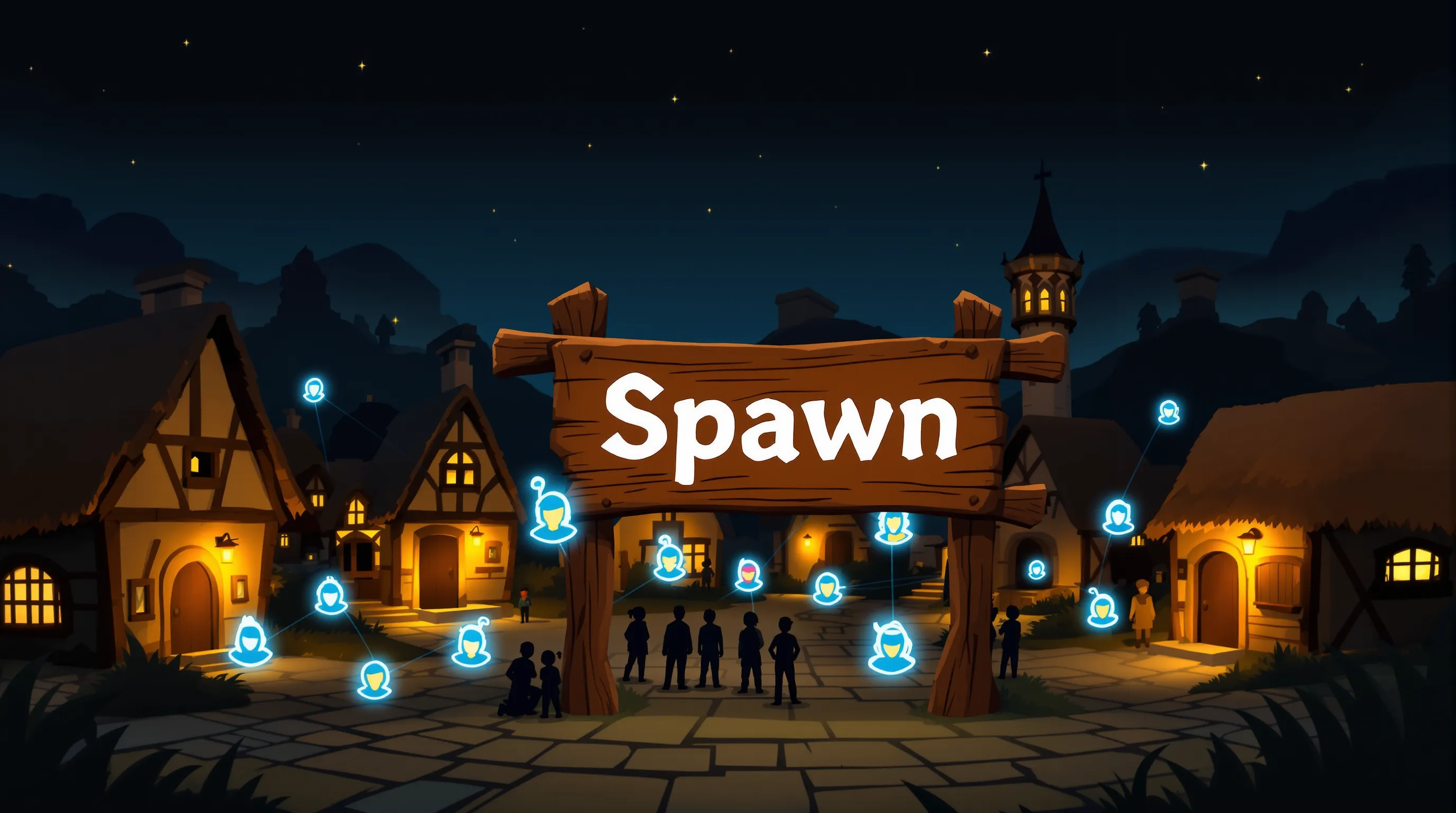 Capture d’écran nocturne montrant un village médiéval éclairé, avec plusieurs joueurs connectés autour d’un panneau « Spawn » fraîchement migré depuis un monde solo.
