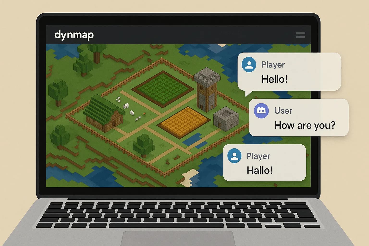 Vue aérienne d’une base survival stylisée sur une carte Dynmap affichée sur un ordinateur portable, avec en overlay des bulles de tchat synchronisées via DiscordSRV.