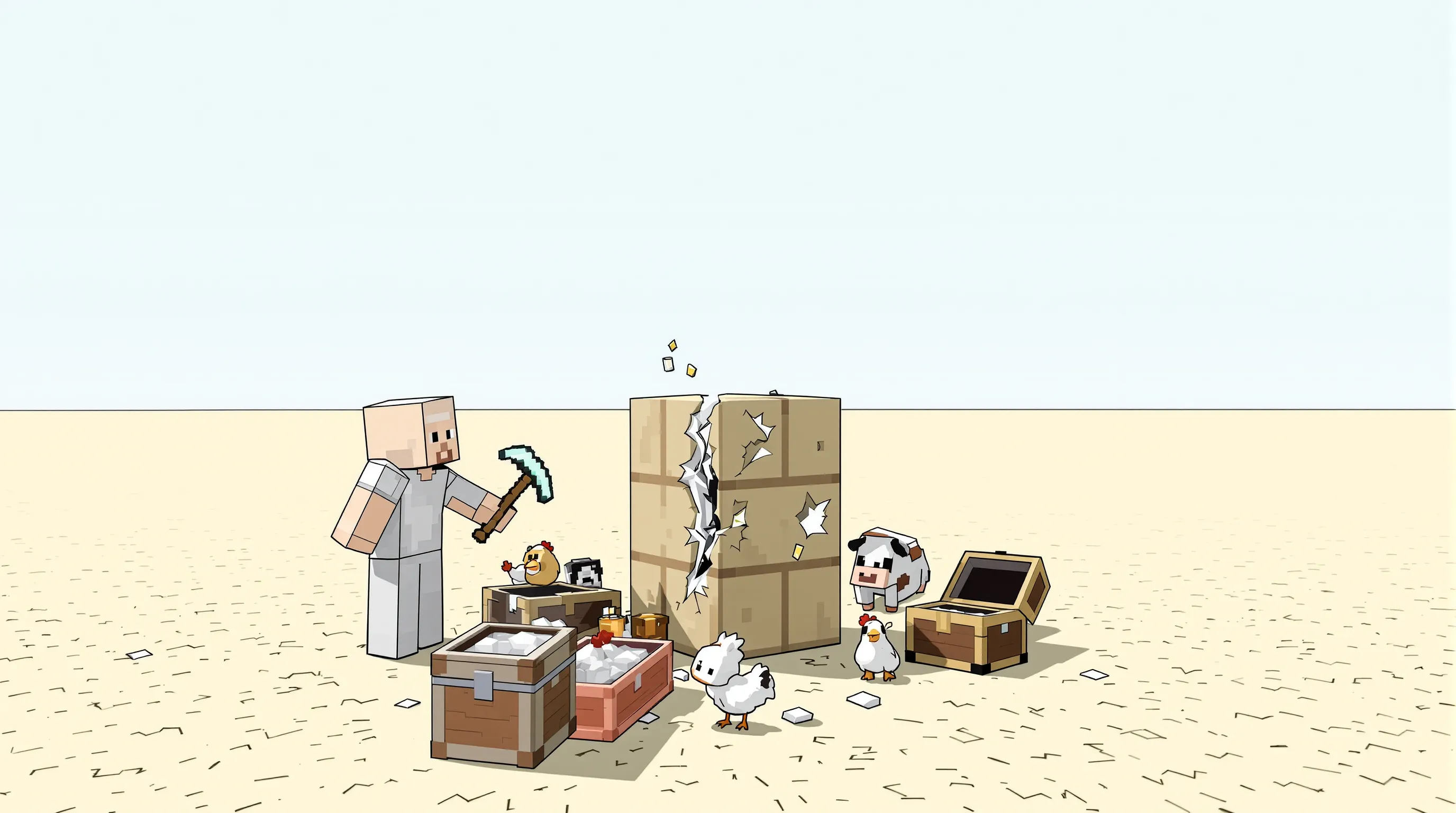 Vue rapprochée d’un personnage Minecraft cassant le bloc central d’un OneBlock, entouré d’animaux et de coffres, avec un paysage vide à l’horizon.