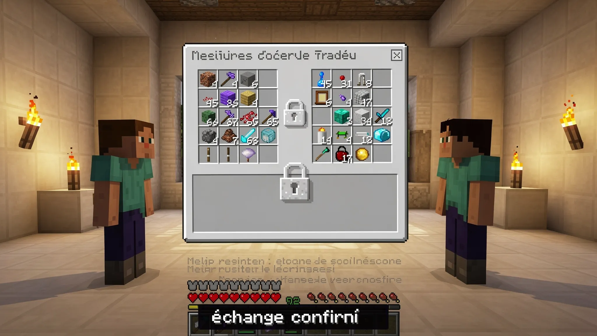 Fenêtre d’échange sécurisé dans Minecraft sur un serveur francophone, montrant une interface GUI à deux panneaux avec verrou de confirmation, deux joueurs visibles dans une salle bien éclairée, et un message de chat indiquant « échange confirmé » en ...