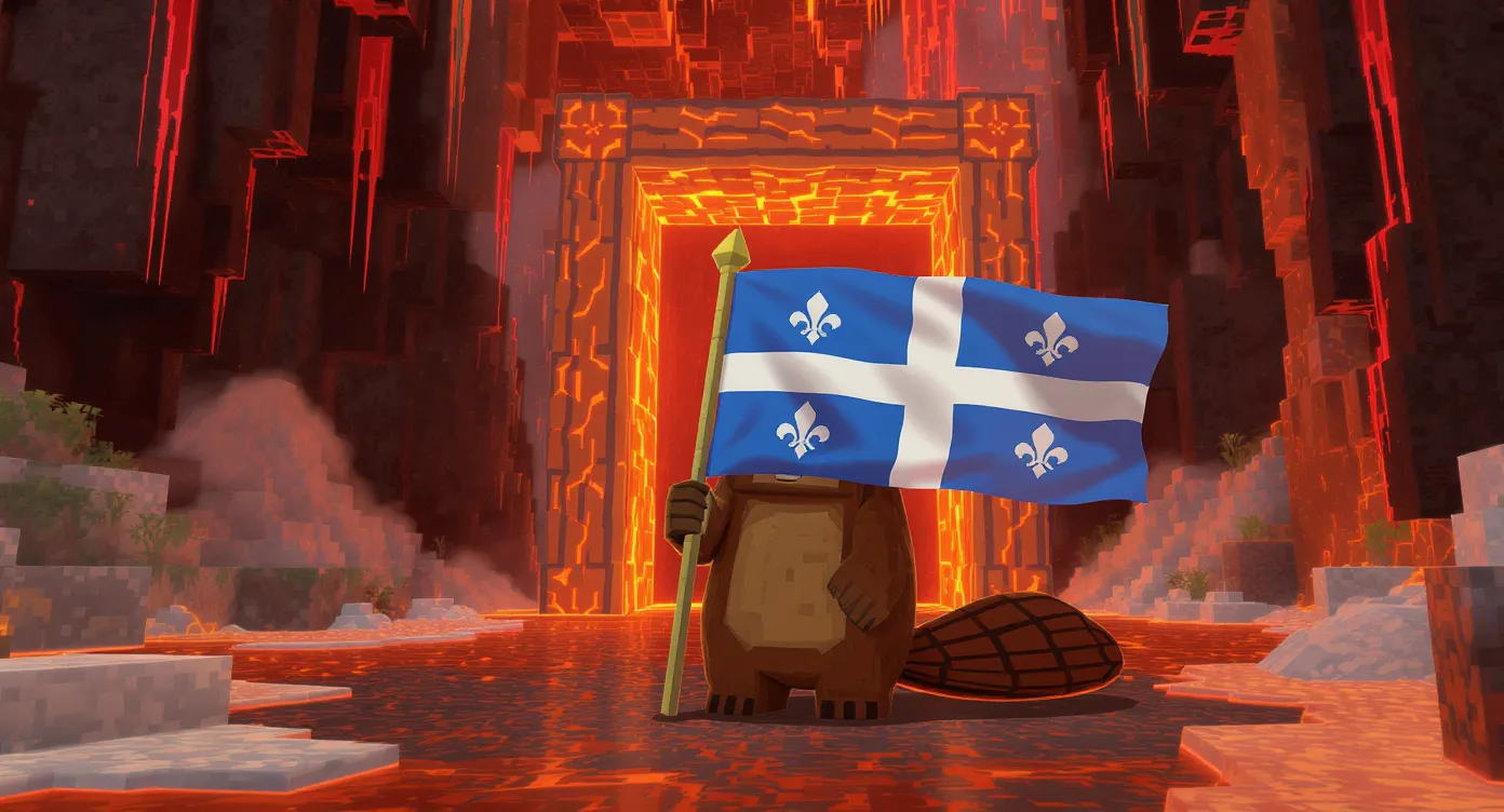 Un joueur Minecraft en skin de castor tient un drapeau du Québec devant un portail du Nether, symbole de la communauté francophone nord-américaine.