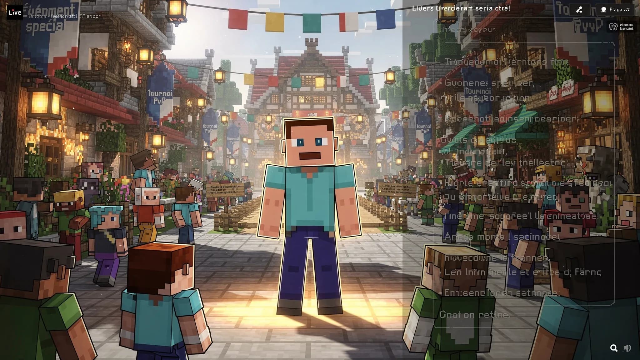Un créateur de contenu francophone en direct sur Minecraft, caméra face, overlay de chat, et foule de joueurs autour de lui sur un hub de serveur français animé, bannières d’événements et panneaux d’informations visibles.