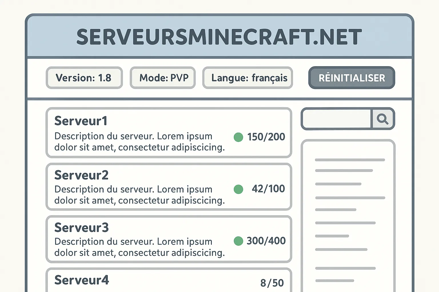 Capture conceptuelle : interface ServeursMinecraft.net avec filtres version 1.8, mode PVP et langue français activés, affichant une liste de serveurs et leurs joueurs en ligne.