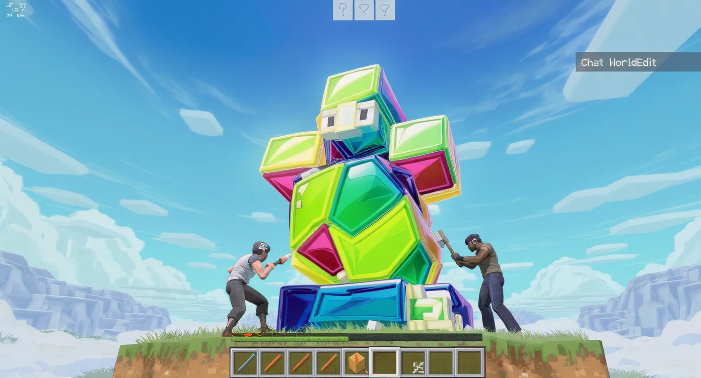 Deux joueurs en mode vol collaborent sur une sculpture géante en verre coloré, utilisant WorldEdit : l’un tient une hache en bois, l’autre tape une commande dans le chat, panoramique de ciel bleu.