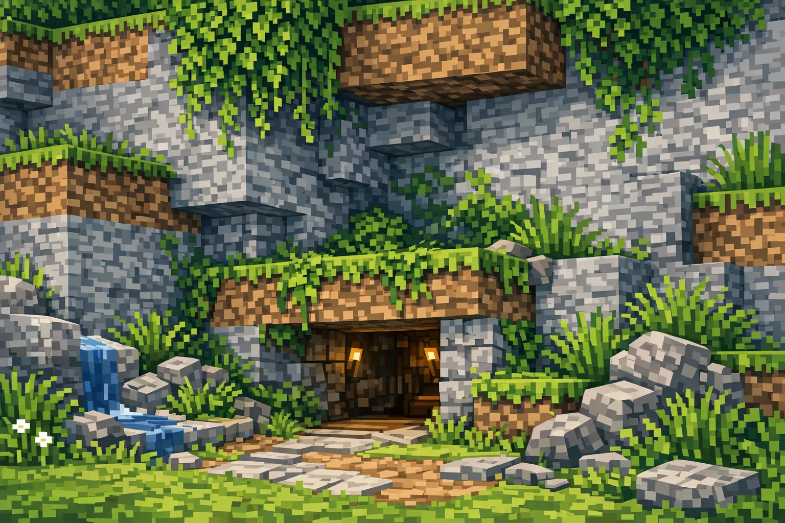 Une base Minecraft camouflée dans une falaise, entrée discrète au ras du sol, avec végétation et blocs naturels, montrant un style de construction difficile à repérer en survie sans claim.