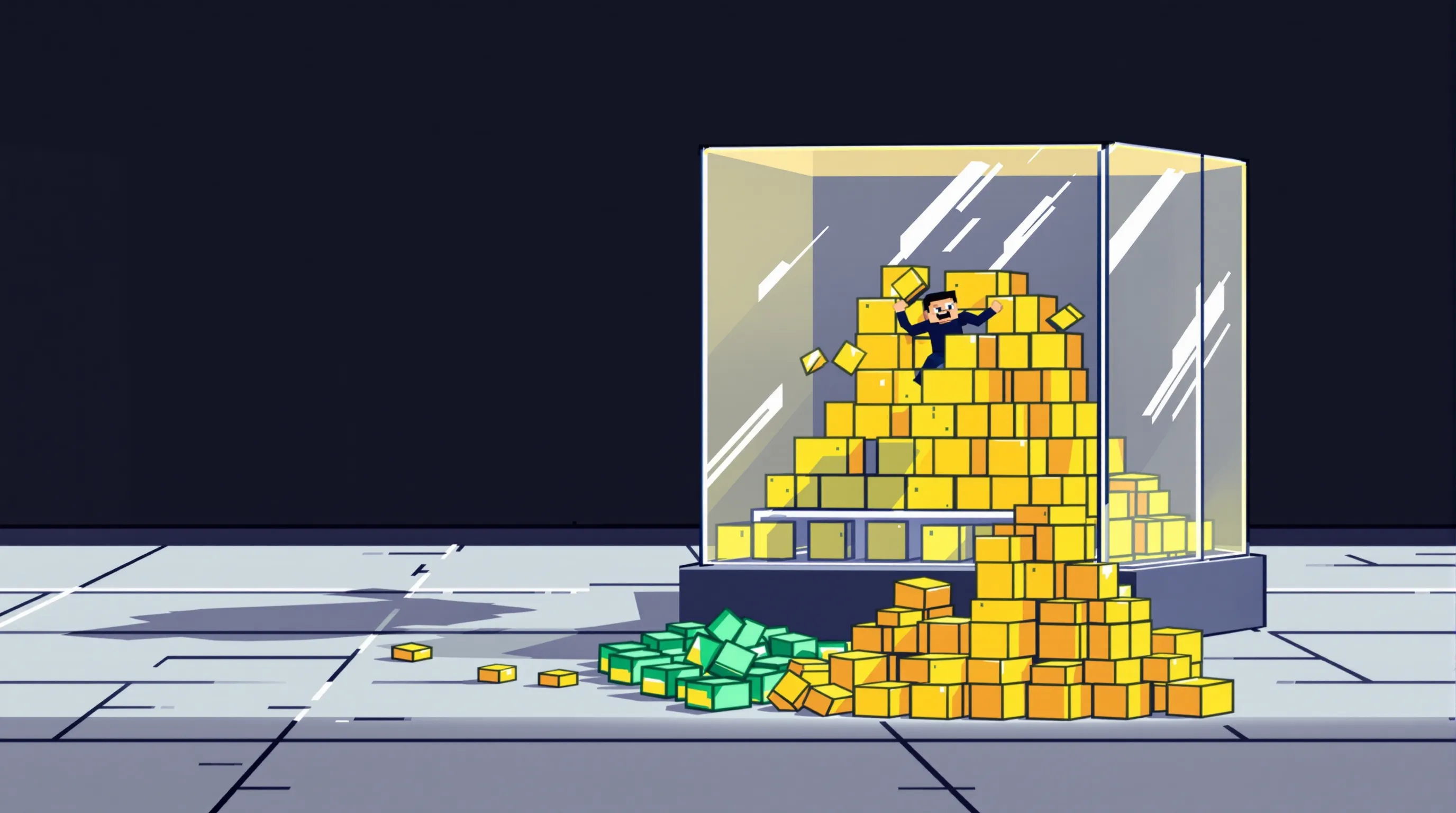 Un joueur casse un générateur de cobblestone dans un caisson en verre ; au sol, des blocs d’or et d’émeraude s’accumulent, symbolisant une économie inflationniste.