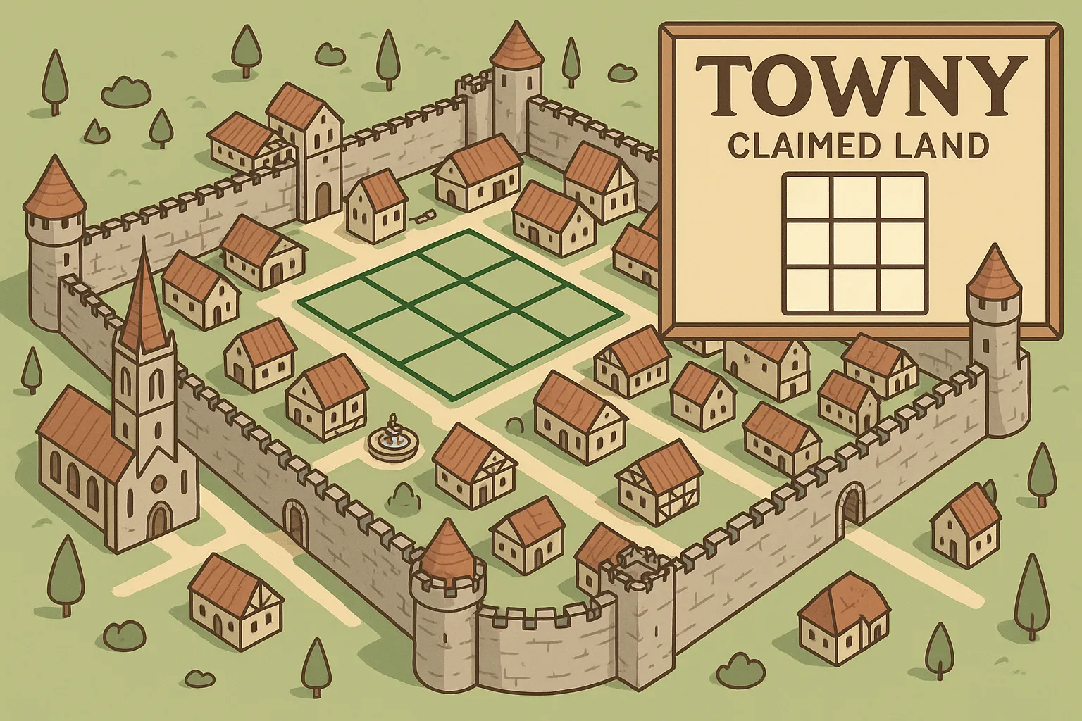 Vue isométrique d’une ville médiévale structurée en quartiers, entourée de remparts, avec un panneau indiquant les parcelles revendiquées par Towny.