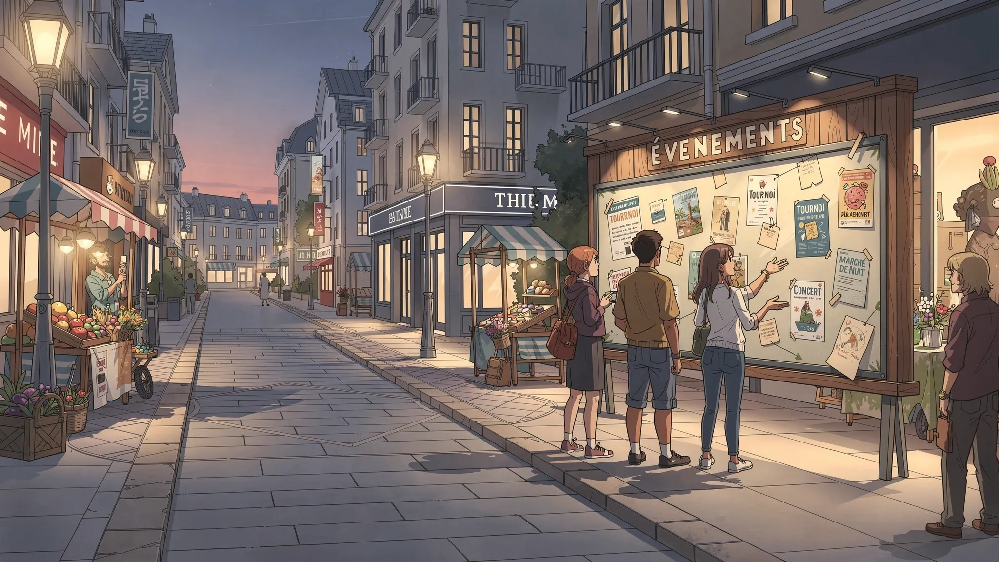 Perspective au niveau de la rue d’un boulevard Citybuild bien éclairé, avec trottoirs, lampadaires, façades détaillées, stands de marché et joueurs discutant près d’un tableau d’affichage des événements.