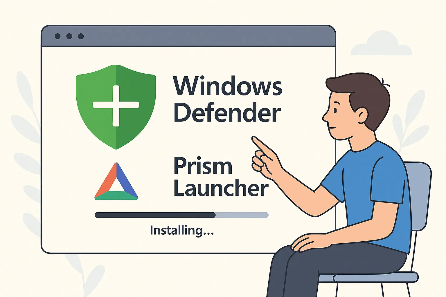 Illustration montrant un joueur activant Windows Defender pendant que Prism Launcher s’installe, écran clair avec l’icône du bouclier verte.