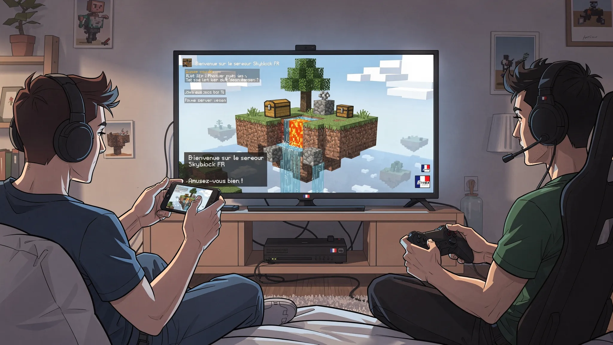 Un joueur sur smartphone et un autre sur console rejoignent un serveur Minecraft Bedrock, avec une île Skyblock flottante au centre (arbre, coffre, générateur de cobble), et une ambiance “serveur FR” conviviale.