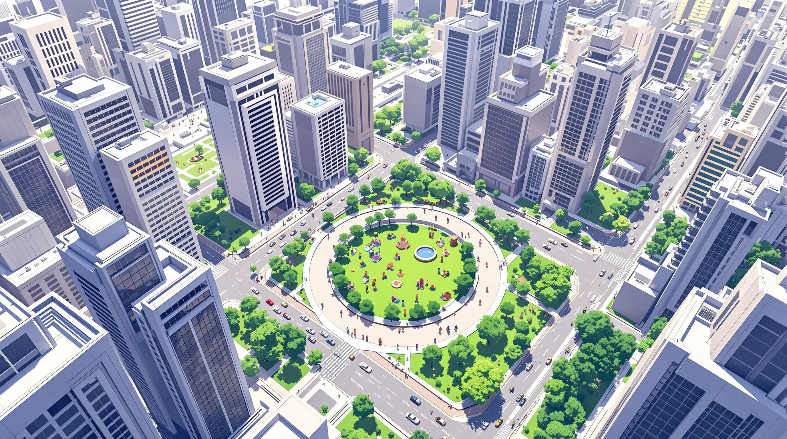 Vue aérienne d’une métropole moderne Minecraft : gratte-ciels en béton, réseau de routes avec voitures, parc central animé de joueurs.