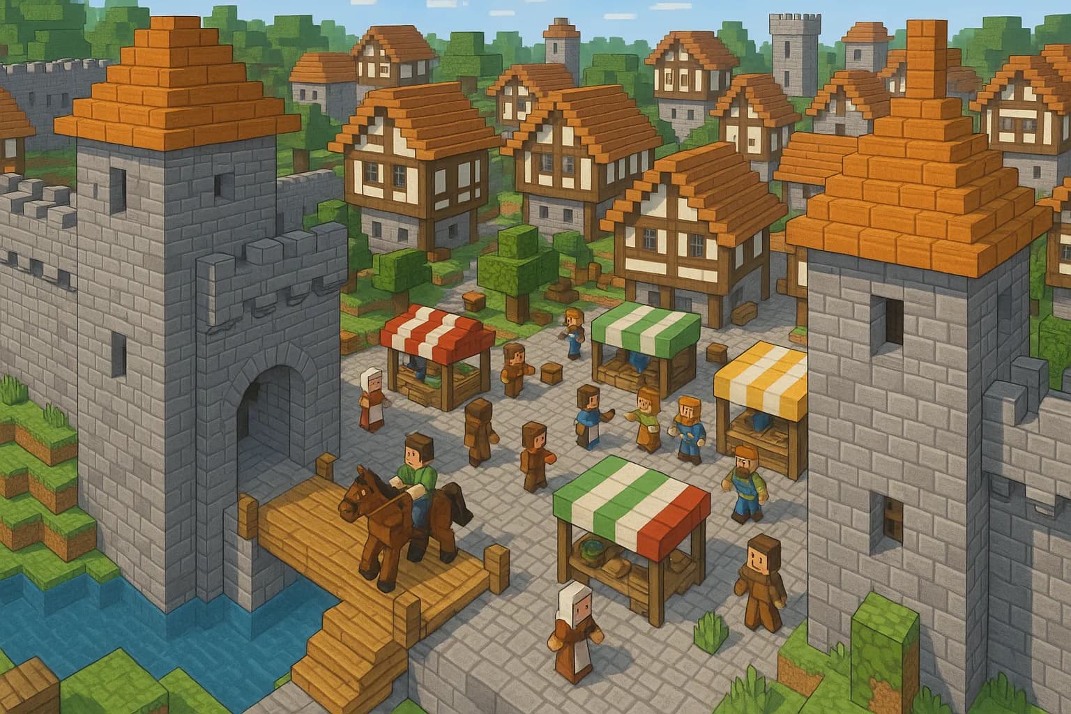 Vue aérienne d’une cité médiévale détaillée dans Minecraft : remparts en pierre, maisons à colombages, place du marché animée. Des PNJ costumés interagissent, et un cheval traverse le pont-levis.