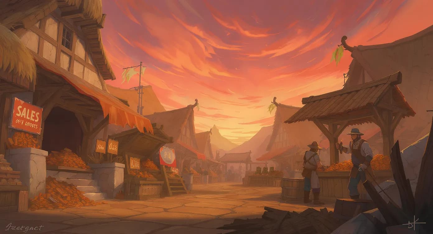 Village médiéval animé avec des PNJ commerçants, des panneaux de ventes et un joueur habillé en mineur déposant des lingots dans un stand d’enchères, sous un ciel couchant.
