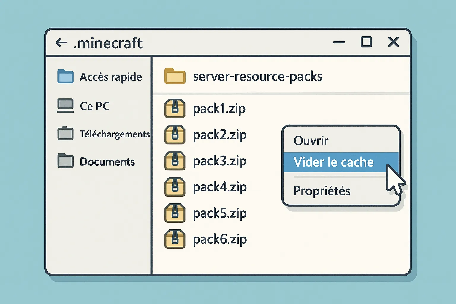 Explorateur de fichiers affichant le dossier « server-resource-packs » de .minecraft, avec plusieurs archives .zip de packs, un clic droit sur Supprimer pour vider le cache.