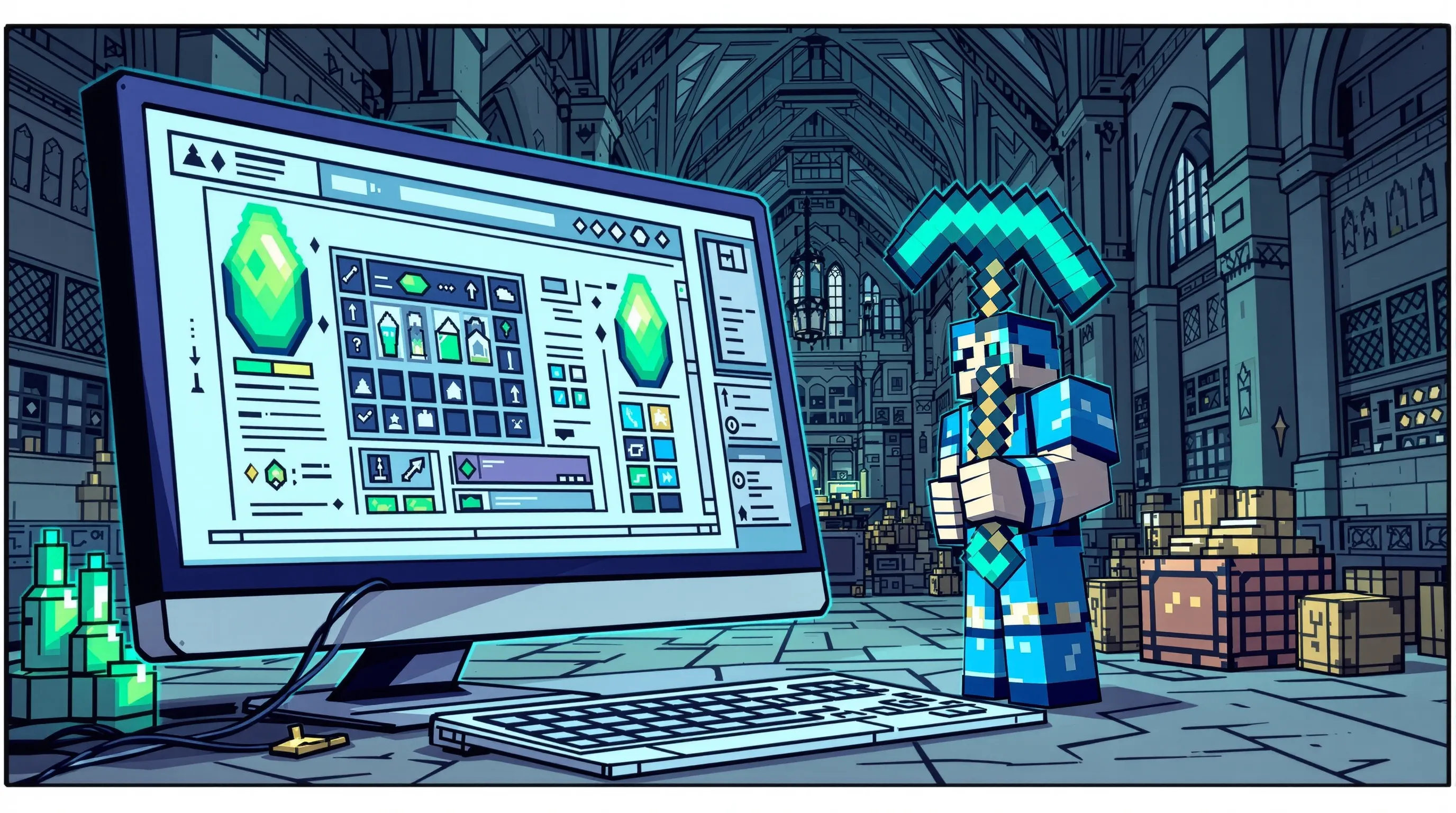 Ecran d’ordinateur montrant un tableau de trades émeraude-lingot, avec un joueur tenant une pioche netherite en arrière-plan d’un grand hall d’enchères médiéval.