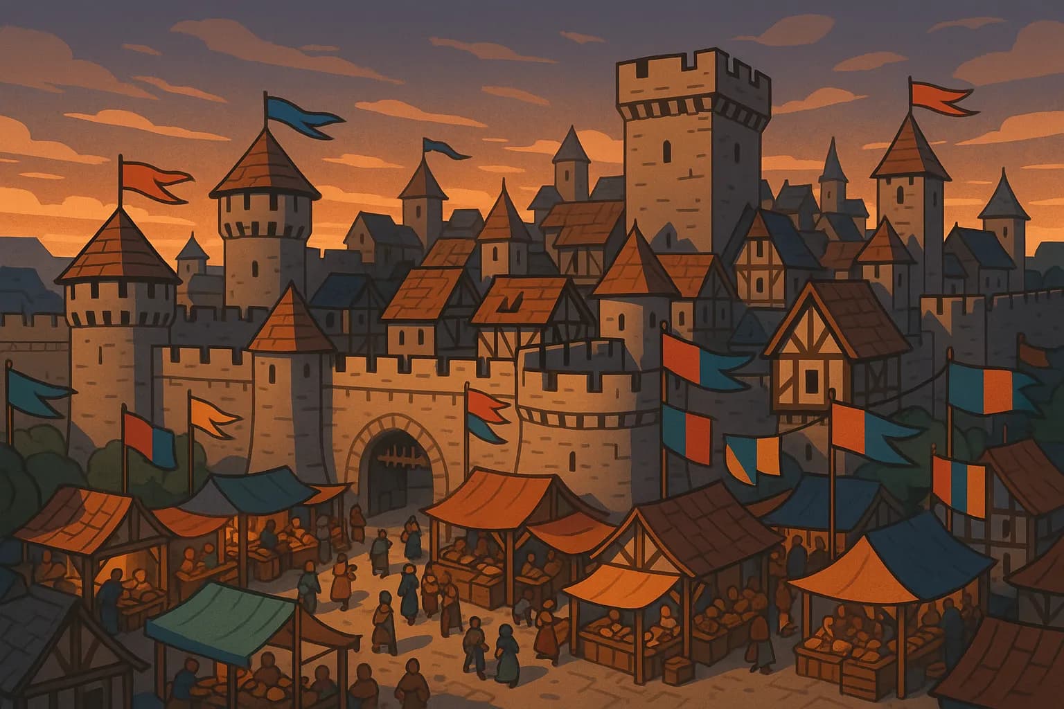 Vue immersive d’une cité médiévale construite par des joueurs, avec murailles, marché animé et bannières colorées flottant au vent sous un ciel crépusculaire.