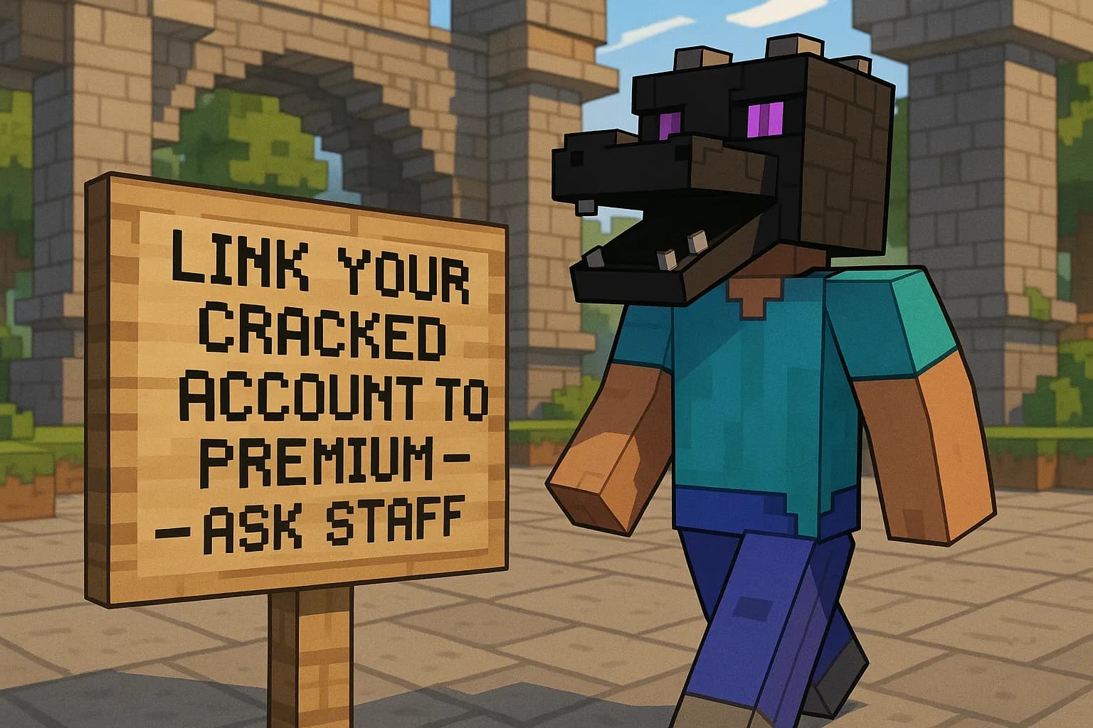 Un panneau d’affichage dans un hub Minecraft montrant « Link your cracked account to premium – ask staff », un joueur avec un skin Steve remplace la tête par une tête de dragon pour illustrer le changement de compte.