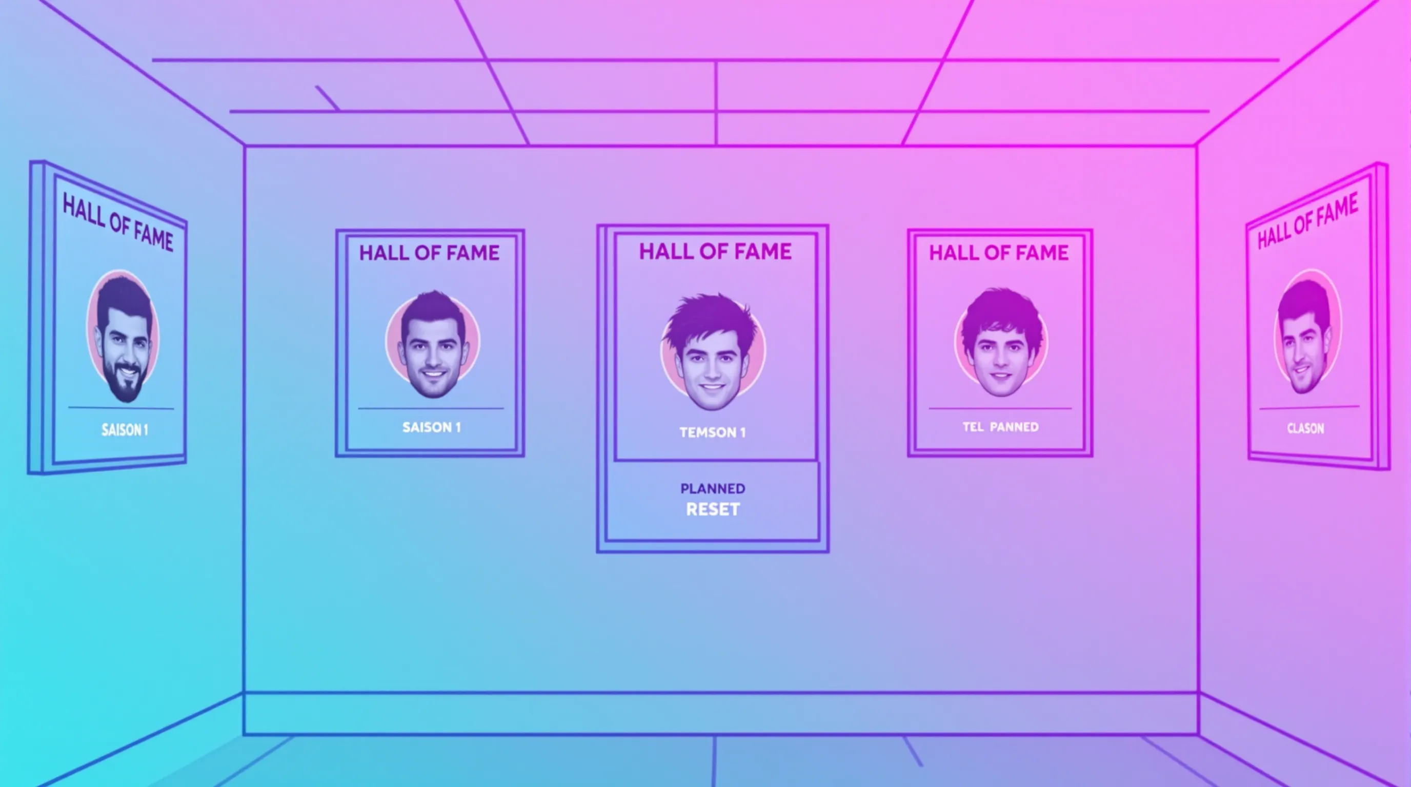 Salle du spawn décorée de panneaux « Hall of Fame Saison 1 » avec les têtes des meilleurs joueurs, symbolisant un reset planifié et célébré.