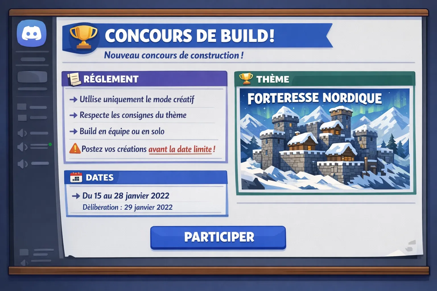 Un tableau d’affichage type Discord avec des annonces « Concours de build », un règlement, un thème « Forteresse nordique », des dates, et un bouton « Participer », dans un style mockup illustrant l’organisation d’un event sur un serveur francophone.